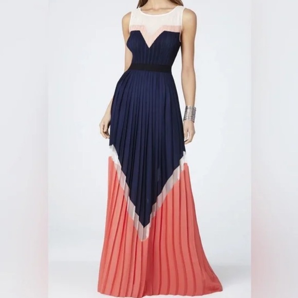 BCBGMaxAzria Katherine Pleated Colorblock Maxi Dress Mesh Yolk